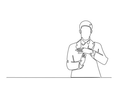 Adam tek bir taslak çizimde el hareketi yapıyor. El işaretinin aralıksız çizimi.