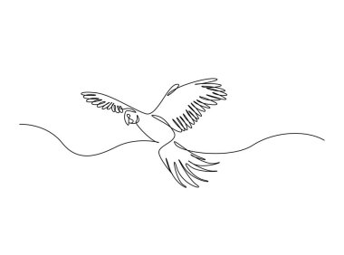 Tek çizgili resimde uçan papağan kuşu. Papağan kuşunun aralıksız çizimleri.