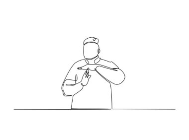 Adam tek bir taslak çizimde el hareketi yapıyor. El işaretinin aralıksız çizimi.