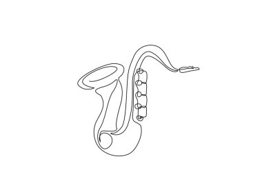 Tek ana hatlı çizimde saksafon müzik enstrümanı. Saksafonun aralıksız çizimi.