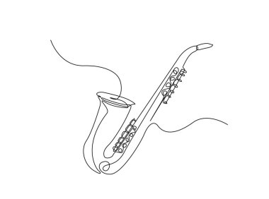 Tek ana hatlı çizimde saksafon müzik enstrümanı. Saksafonun aralıksız çizimi