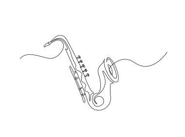 Tek ana hatlı çizimde saksafon müzik enstrümanı. Saksafonun aralıksız çizimi