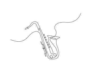 Tek ana hatlı çizimde saksafon müzik enstrümanı. Saksafonun aralıksız çizimi