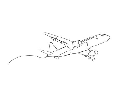Tek ana hatlı çizimde uçan uçaklar. Uçak Airbus 'unun kesintisiz çizimi.