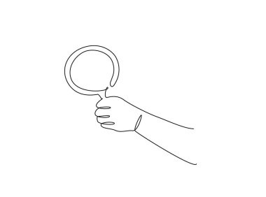 El ele tutuşan Büyüteç çizimi tek bir taslak çizimde. Büyüteçle bir şey bulma üzerine kesintisiz çizimler.