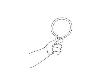 El ele tutuşan Büyüteç çizimi tek bir taslak çizimde. Büyüteçle bir şey bulma üzerine kesintisiz çizimler.