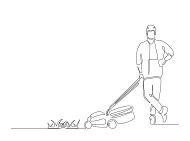 Bahçıvan çim biçme makinesini tek bir çizimde tutuyor. Çim biçme makinesi tutan adamın durmaksızın çizimleri..