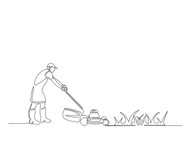 Bahçıvan çim biçme makinesini tek bir çizimde tutuyor. Çim biçme makinesi tutan adamın durmaksızın çizimleri..