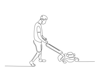 Bahçıvan çim biçme makinesini tek bir çizimde tutuyor. Çim biçme makinesi tutan adamın durmaksızın çizimleri..