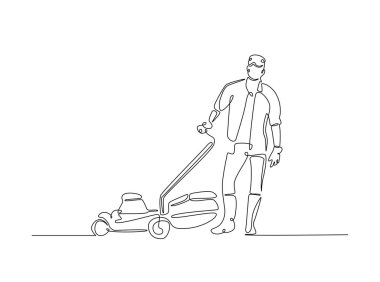 Bahçıvan çim biçme makinesini tek bir çizimde tutuyor. Çim biçme makinesi tutan adamın durmaksızın çizimleri..