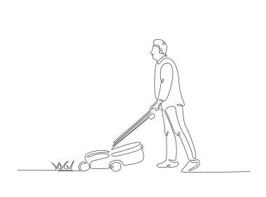 Bahçıvan çim biçme makinesini tek bir çizimde tutuyor. Çim biçme makinesi tutan adamın durmaksızın çizimleri..
