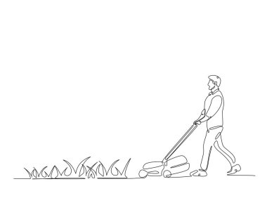 Bahçıvan çim biçme makinesini tek bir çizimde tutuyor. Çim biçme makinesi tutan adamın durmaksızın çizimleri..