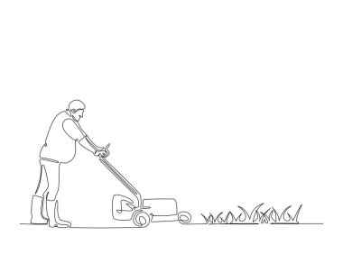 Bahçıvan çim biçme makinesini tek bir çizimde tutuyor. Çim biçme makinesi tutan adamın durmaksızın çizimleri..