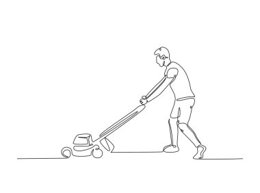 Bahçıvan çim biçme makinesini tek bir çizimde tutuyor. Çim biçme makinesi tutan adamın durmaksızın çizimleri..