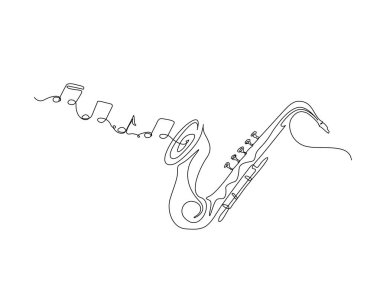 Tek ana hatlı çizimde notaları olan bir saksafon. Saksafon çiziminin kesintisiz çizimi ses görüntüsü.