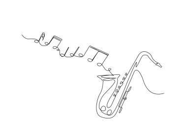 Tek ana hatlı çizimde notaları olan bir saksafon. Saksafon çiziminin kesintisiz çizimi ses görüntüsü.