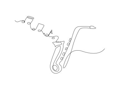 Tek ana hatlı çizimde notaları olan bir saksafon. Saksafon çiziminin kesintisiz çizimi ses görüntüsü.