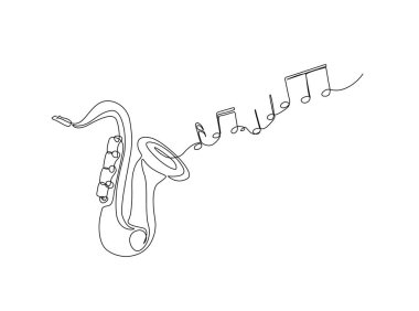 Tek ana hatlı çizimde notaları olan bir saksafon. Saksafon çiziminin kesintisiz çizimi ses görüntüsü.