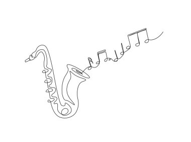 Tek ana hatlı çizimde notaları olan bir saksafon. Saksafon çiziminin kesintisiz çizimi ses görüntüsü.