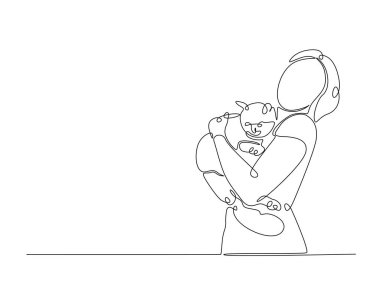 Mutlu kadın, sevimli kediye sarılıyor. Tek bir taslak çizim. Devamlı kedi kucaklayan kadın çizimleri. Düzenlenebilir vuruş.