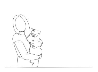 Mutlu kadın, sevimli kediye sarılıyor. Tek bir taslak çizim. Devamlı kedi kucaklayan kadın çizimleri. Düzenlenebilir vuruş.