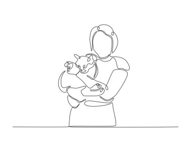 Mutlu kadın, sevimli kediye sarılıyor. Tek bir taslak çizim. Devamlı kedi kucaklayan kadın çizimleri. Düzenlenebilir vuruş.