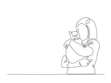 Mutlu kadın, sevimli kediye sarılıyor. Tek bir taslak çizim. Devamlı kedi kucaklayan kadın çizimleri. Düzenlenebilir vuruş.