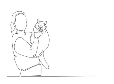Mutlu kadın, sevimli kediye sarılıyor. Tek bir taslak çizim. Devamlı kedi kucaklayan kadın çizimleri. Düzenlenebilir vuruş.