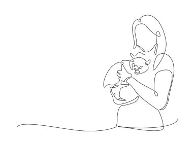 Mutlu kadın, sevimli kediye sarılıyor. Tek bir taslak çizim. Devamlı kedi kucaklayan kadın çizimleri. Düzenlenebilir vuruş.