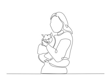 Mutlu kadın, sevimli kediye sarılıyor. Tek bir taslak çizim. Devamlı kedi kucaklayan kadın çizimleri. Düzenlenebilir vuruş.