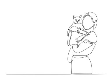 Mutlu kadın, sevimli kediye sarılıyor. Tek bir taslak çizim. Devamlı kedi kucaklayan kadın çizimleri. Düzenlenebilir vuruş.