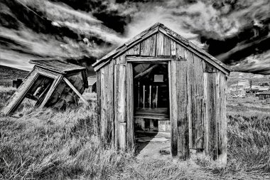Yıpranmış bir ahşap kulübe uzun otların arasında duruyor, yakınlarda başka bir harap yapı var..
