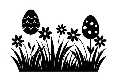 İlkbahar Paskalya çayırında çiçekler ve yumurta vektör sanat çizimleri