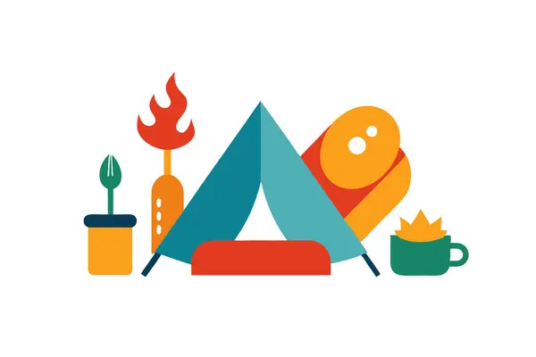 Kamp yiyecekleri ve çatal bıçakları toplama vektör sanat çizimleri