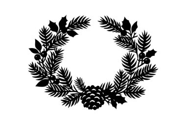 Çam kozalakları, kırmızı böğürtlenler ve geleneksel yeşillik içeren bir Noel çelengi tasarımı..