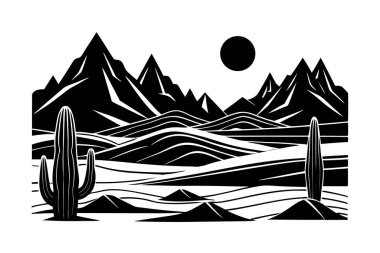 Katmanlı geometrik şekiller kullanarak tasvir edilmiş, minimalist ve modern estetik bir çöl sahnesi..