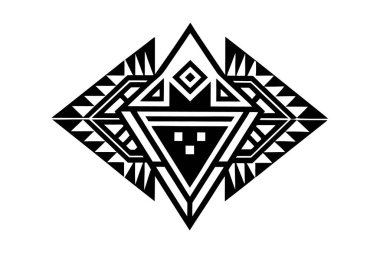 Aztek ve Kızılderili kabile sanatlarından esinlenilmiş geometrik desenler içeren stilize bir çizim. Tasarım canlı renkler ve kalın şekiller içerir..