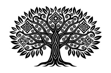 Geleneksel kabile ve halk sanatı motifleriyle biçimlendirilmiş bir hayat ağacını tasvir eden karmaşık bir çizim..