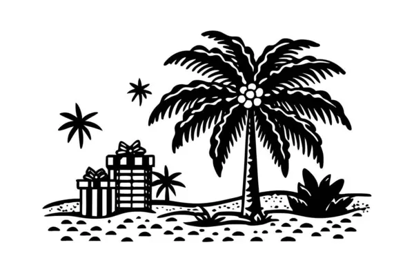 Plajda bir Noel sahnesini resmeden, bir palmiye ağacının yer aldığı ve hediyeler sunan şenlikli bir illüstrasyon.