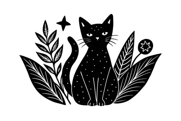 Negatif uzay teknikleri kullanılarak yaratılmış kedi ve bitki tasarımı içeren stilize bir illüstrasyon. Resim renk ve şekillerin bir kombinasyonunu kullanır.