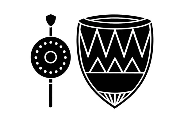 Zulu kabilesinin davul ve kalkanını içeren, ritmik desenleri ve canlı renkleri içeren ayrıntılı bir vektör çizimi.