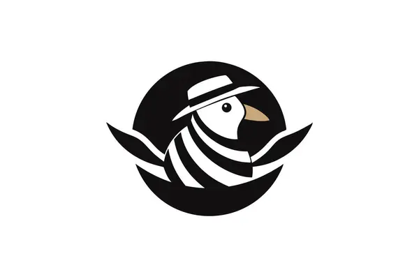 Dairesel bir çerçeve içinde logo ya da simge olarak tasarlanmış zebra çizgili bir şapka takan kuşun renkli bir çizimi.
