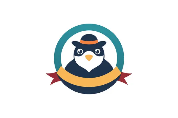Daire içinde yaratıcı bir logo ya da simge olarak tasarlanmış su samuru şapkası takan bir kuş karakterinin kaprisli bir çizimi..