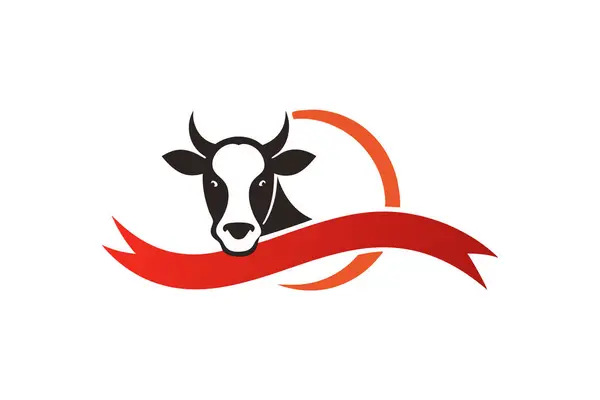 Döngüye alınmış bir kurdele ile çevrelenmiş, dairesel bir tasarım elementi oluşturan stilize edilmiş bir ineği gösteren bir vektör çizimi.