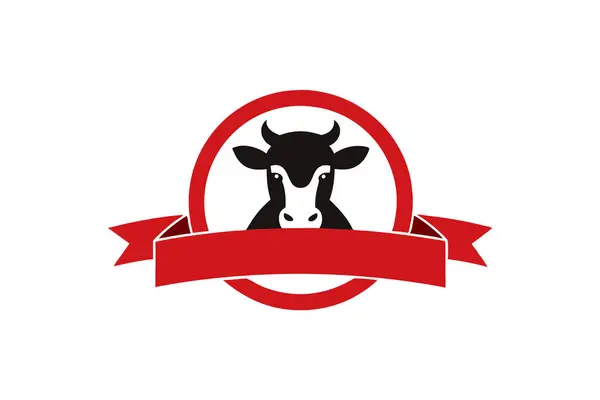 Damgalamak veya simge kullanımı için uygun uzun bir kurdele pankartıyla bir inek illüstrasyonu içeren dairesel bir logo.