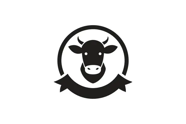 Bir stilize inek illüstrasyonunda, bir logo veya ikon tasarımı için uygun dairesel çerçeve içinde sunulan bir boyun kurdelesi yer alır..