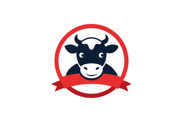 Biçimlendirilmiş, kurdele takan bir inek yüzü, dairesel bir çerçeve içinde logo simgesi olarak sunuluyor, beyaz bir arkaplan üzerine kurulmuş..