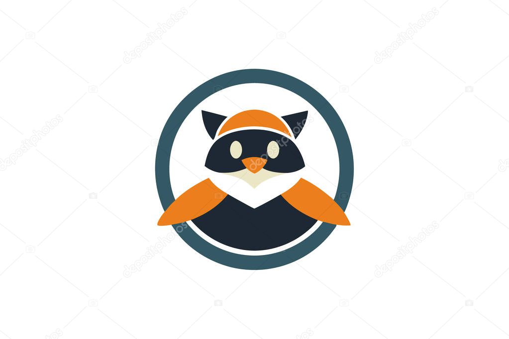 A whimsical illustration of a bird adorned with a raccoon hat, suitable for branding or mascot use.
