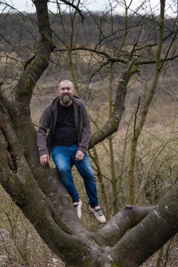 Koca ağaçta sakallı bir adam.