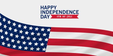 4 Temmuz Bağımsızlık Günü 'nüz kutlu olsun. Afiş, afiş, kapak, şehrin arka planında bayrak sallama. 4 Temmuz bayrağı, tebrik kartı. Reklamlar için vektör illüstrasyonuName